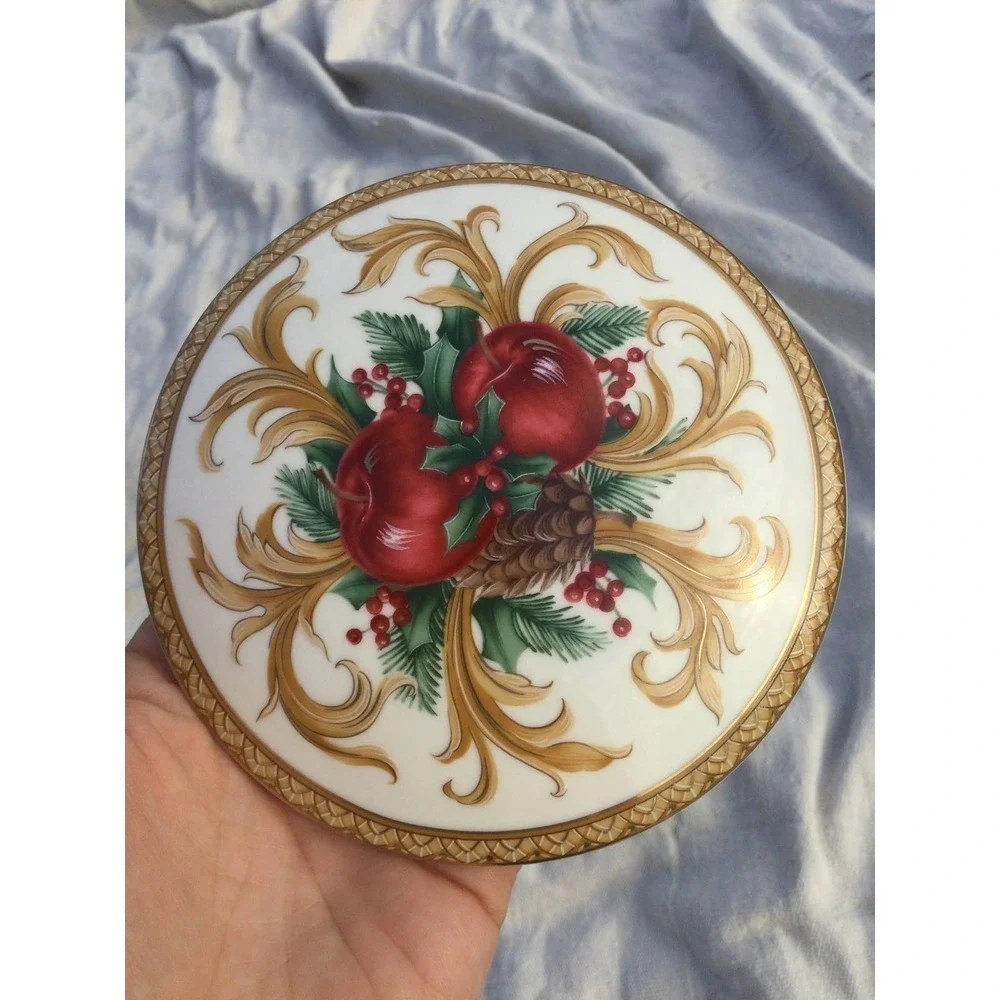 Vtg Mikasa trinket dish covered holiday‎ orchard Christmas pinecone apple gold